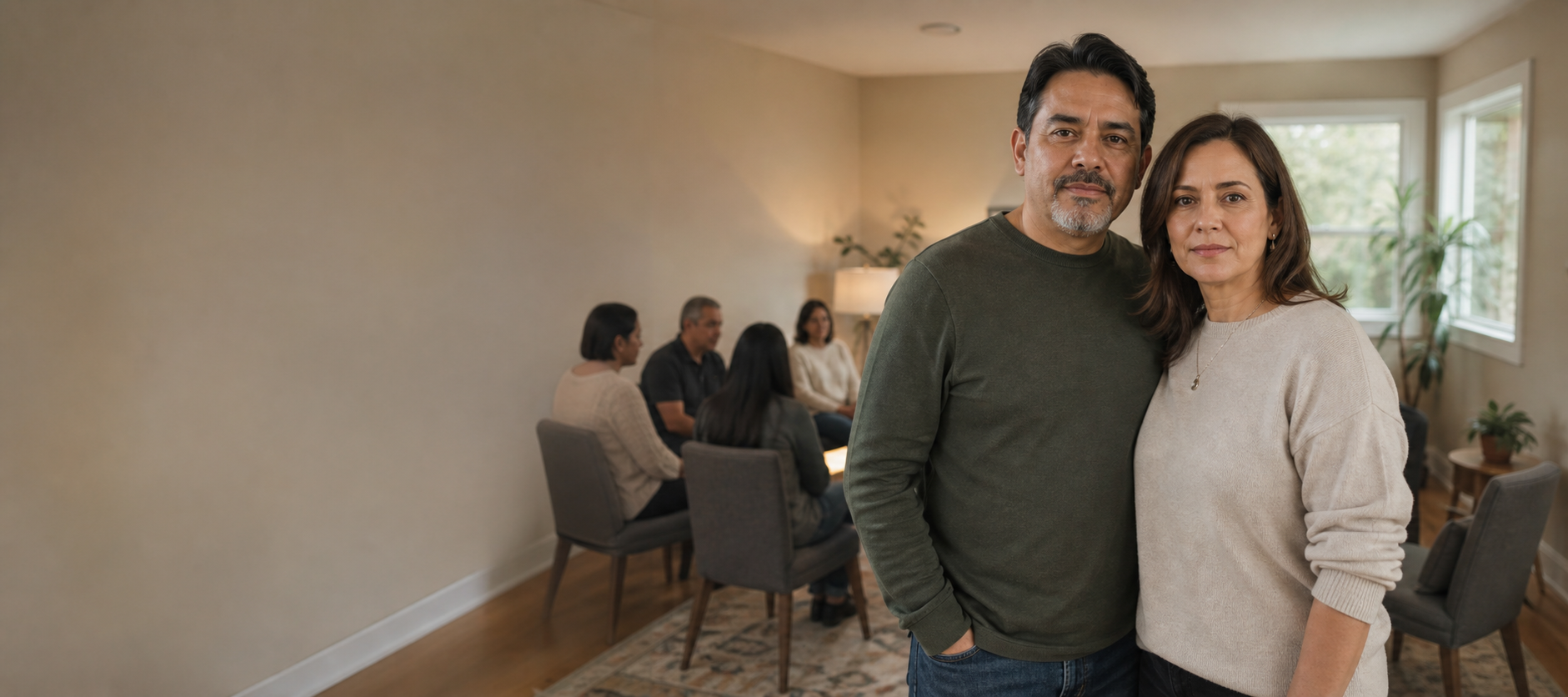 Middle-aged couple standing together during a relationship workshop